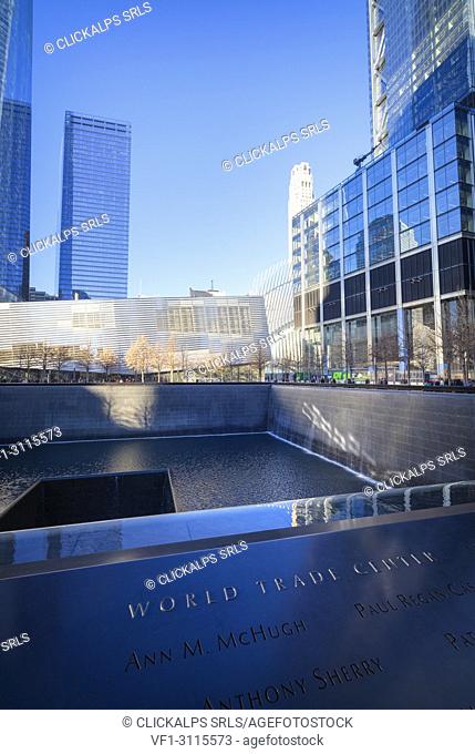 South Pool memorial fountain, Ground Zero, One World Trade Center, Lower Manhattan, New York City, USA