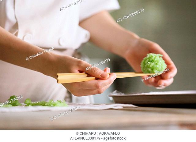 Pastry chef creating Japanese confectionery