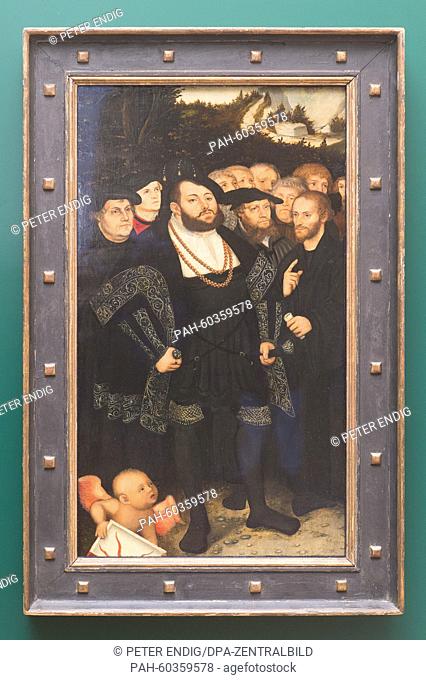The painting 'Johann Friedrich von Sachsen und die Wittenberger Reformatoren' (lit. John Frederick of Saxony and the Wittenberg Reformers) from around 1543 by...