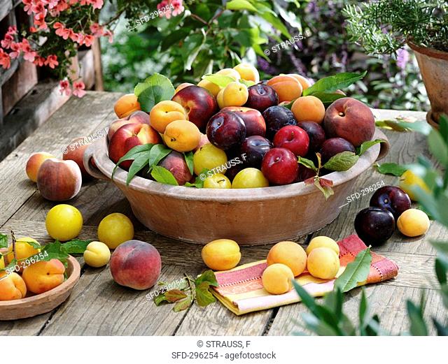 Peaches, nectarines, plums and apricots in terracotta bowl