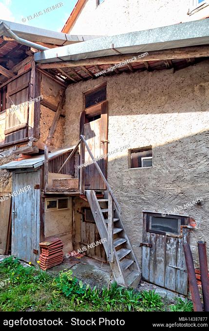 House facade, old, vacant, weathered, wooden stairs, autumn, Ostheim, Rhön-Grabfeld, Lower Franconia, Bavaria, Germany, Europe
