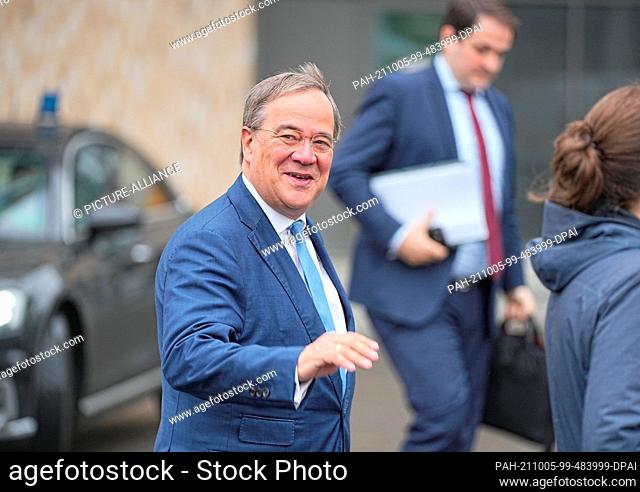 05 October 2021, Berlin: Armin Laschet, CDU Federal Chairman and Minister President of North Rhine-Westphalia, arrives before Nathanael Liminski Head of the...