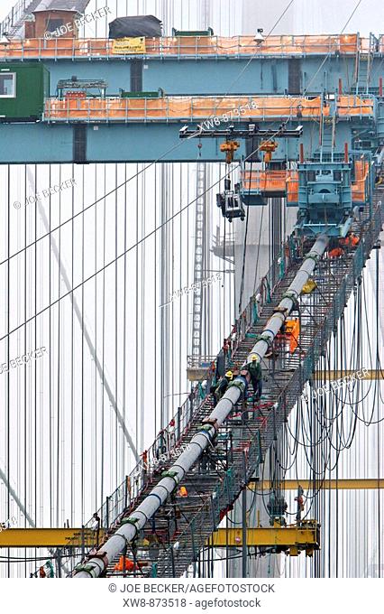 Construction work on the new Tacoma Narrows Bridge on a foggy day
