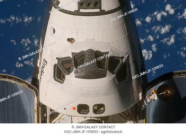 This view of the crew cabin of the Space Shuttle Endeavour was provided by an Expedition 20 crewmember during a survey of the approaching vehicle prior to...