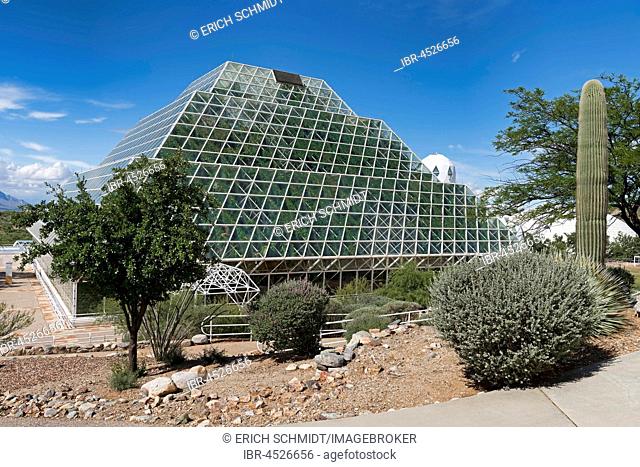 Biosphere 2, self-sustaining ecosystem, cactus in front of facility with tropical rainforest, Oracle, Arizona, USA