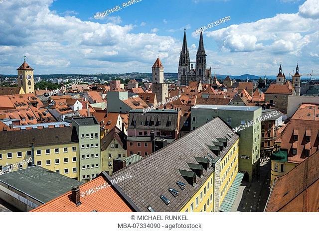 Overlook over the Unesco world heritage sight Regensburg from the tower of the Church of the Holy Trinity, Bavaria, Germany
