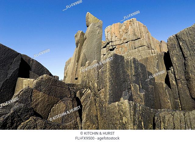 Jurassic basalt lava cliffs which form a rugged south shore on Brier Island, Bay of Fundy, Nova Scotia