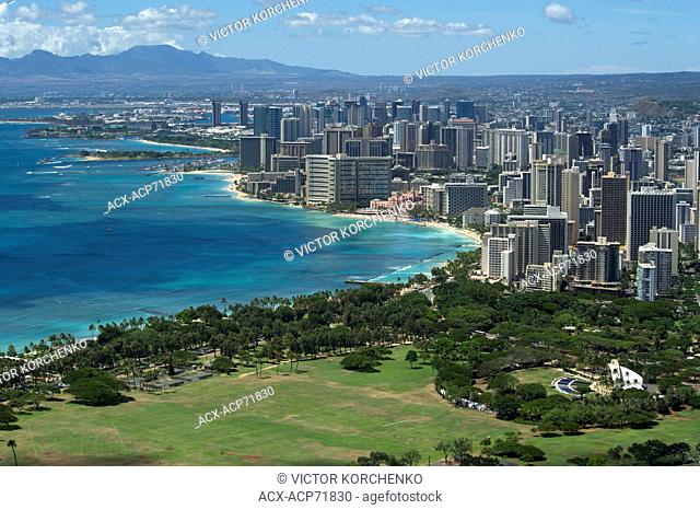 View of Waikiki tourist area of Honolulu from Diamond Head mountain