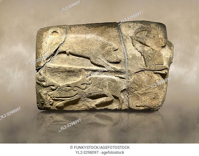 Alaca Hoyuk Hittite monumental relief sculpted orthostat stone panel of a hunt. Anatolian Civilizations Museum. Ankara. Turkey.