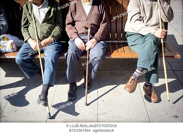 Three older men relaxed with a cane in his hands, sitting on a bench in the Plaza of Spain in Astorga, León, Camino de Santiago, España