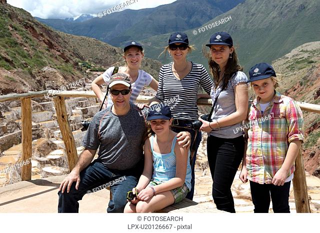 Family at an observation point, Maras, Salinas, Sacred Valley, Cusco Region, Peru