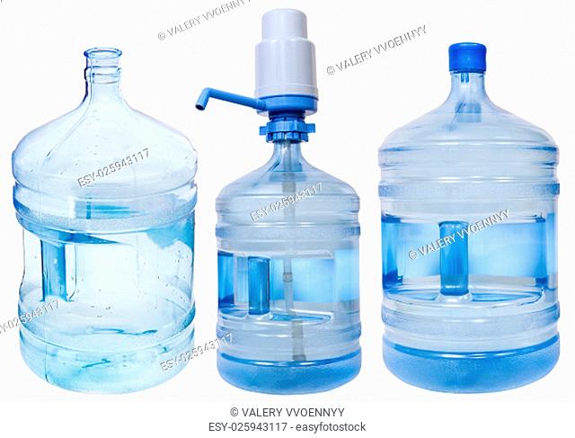 full, empty and closed by manual pump dispenser 5 gallon Drinking Water bottles isolated on white background