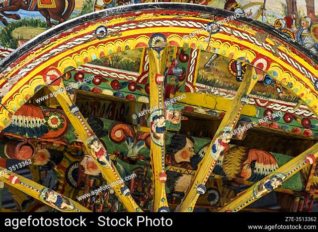 Detail of folk art on a traditional Sicilian cart. Sicily, Italy, Europe
