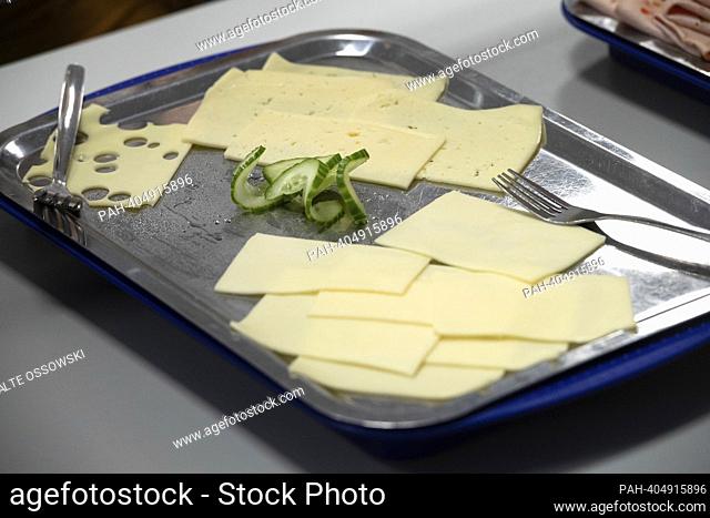 Platter with types of cheese, cheese platter, the Brotzeit project is intended to enable children to start the school day with breakfast, actress Uschi GLAS
