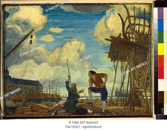 Peter the Great in in Holland. Dobuzhinsky, Mstislav Valerianovich (1875-1957). Oil on cardboard. Realism. 1910. State Tretyakov Gallery, Moscow
