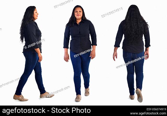 side, front and back view of a same latin american women walking on white background