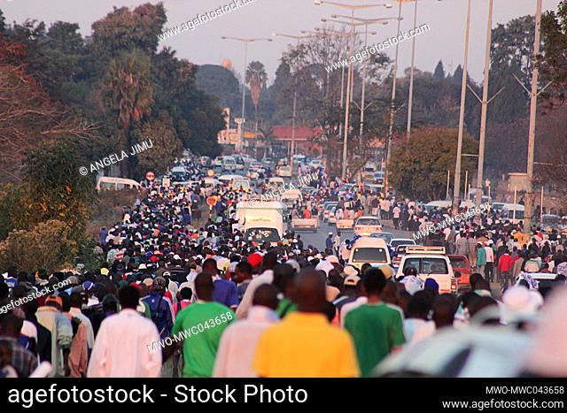 A sea of people is seen on Samora Machel Road heading into town after the Harare Derby where the two most popular teams- Dynamos and Caps United had been...