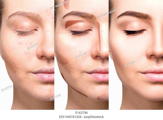 Collage of woman applying makeup step by step. Over white background