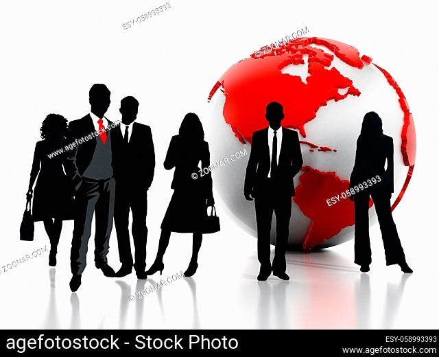 Business professionals standing in front of the globe. 3D illustration