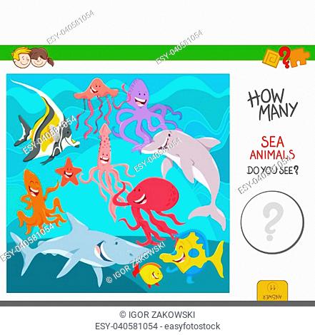 Cartoon Illustration of Educational Counting Activity Game for Kids with Sea Life Animal Characters