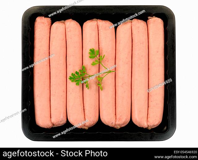 Supermarket packaged pork sausages isolated against a white background