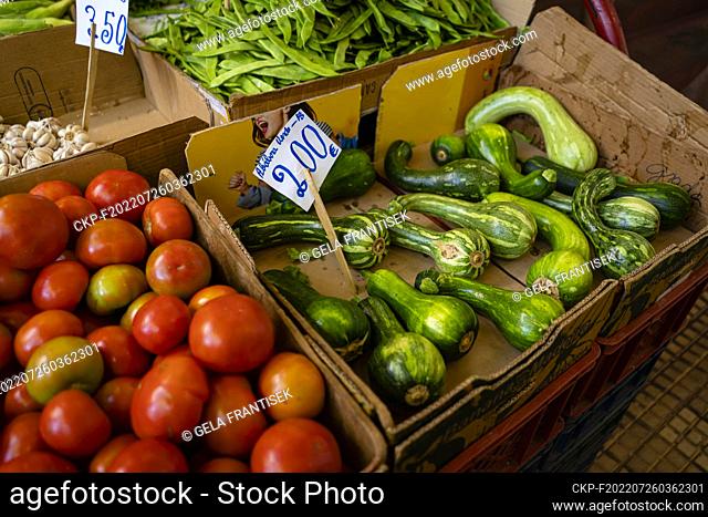 Fruits and vegetables (tomatoes, zucchini etc.) at the farmer’s market (Mercado dos Lavradores) in Funchal on the Portugese island Madeira on July 22, 2022