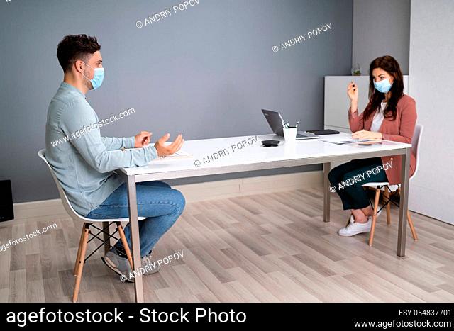 Job Interview Business Meeting At Law Office Wearing Face Mask