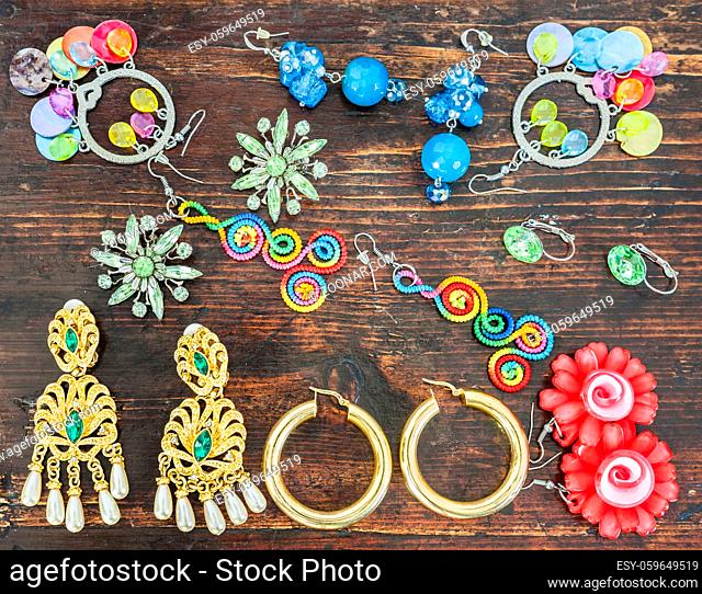 Women's jewellery. Various types of earrings very colourful