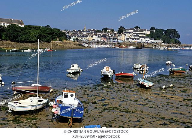 boats along the Pouldavid River with Treboul in background, Douarnenez, Port-Rhu, Finistere department, Brittany region, west of France, western Europe