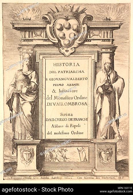 Frontispiece: a monument decorated with the Medici coat of arms at top in center, flames at top to either side, a hooded figure on right side of monument with a...