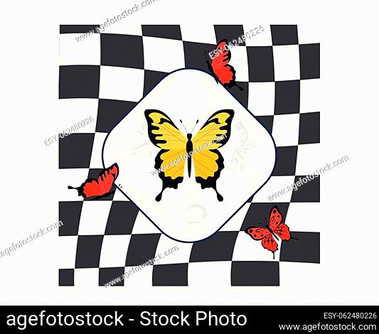 Retro print with butterfly. Poster or banner for website with insects. Nature and ecology. Picture for printing on T shirt, abstract image