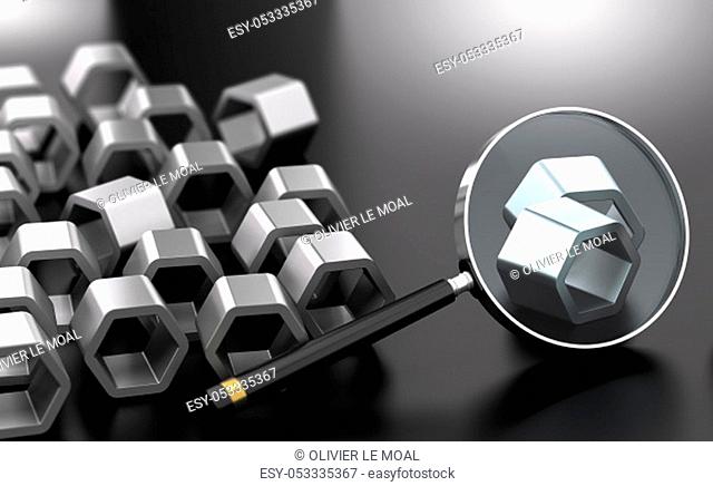 Magnifier with focus on two sample of a products. Sampling Inspection and Statistical Quality Control Concept. 3D illustration