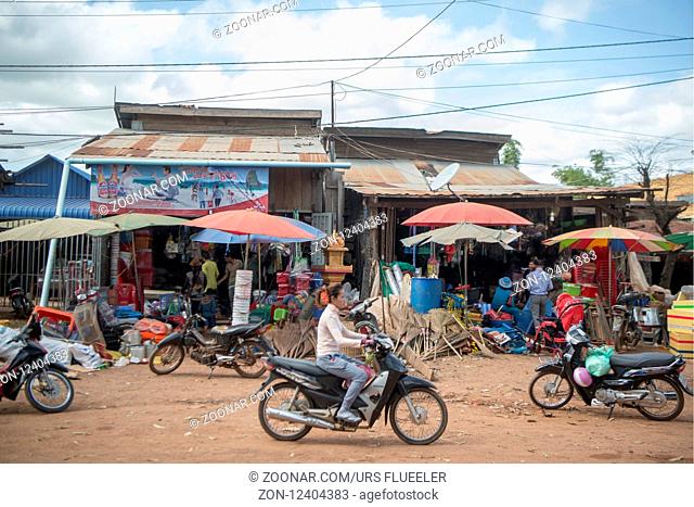 the market street at the town of Sra Em in the province of Preah Vihear in Northwest Cambodia. Cambodia, Sra Em, November, 2017