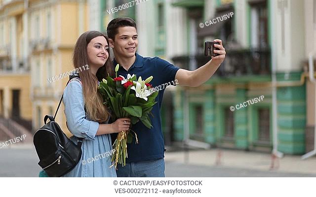 Loving couple talking self portrait with phone