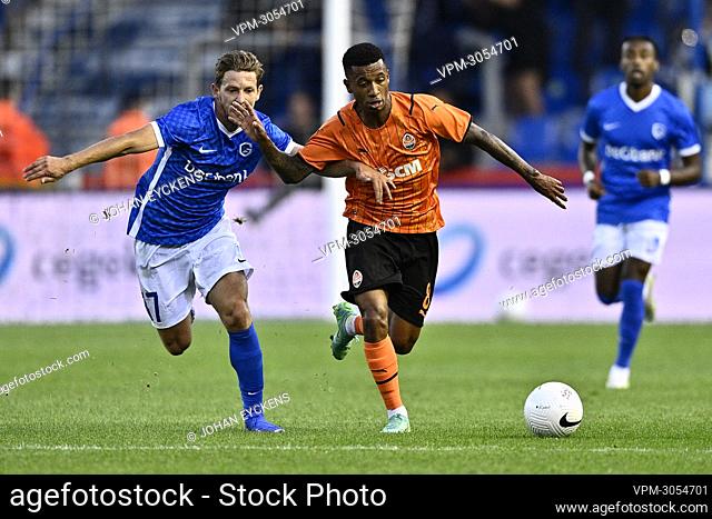Genk's Patrik Hrosovsky and Shakhtar's Marcos Antonio fight for the ball during a game between Belgian soccer team KRC Genk and Ukraine's club Shakhtar Donetsk