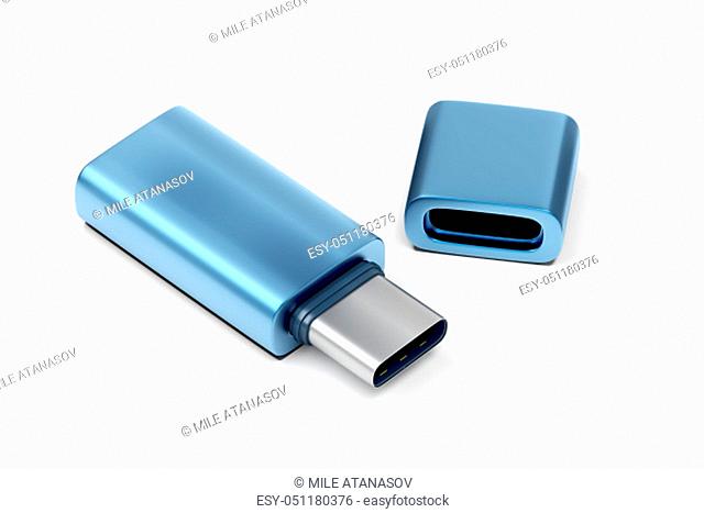 Blue usb type-c flash drive on white background
