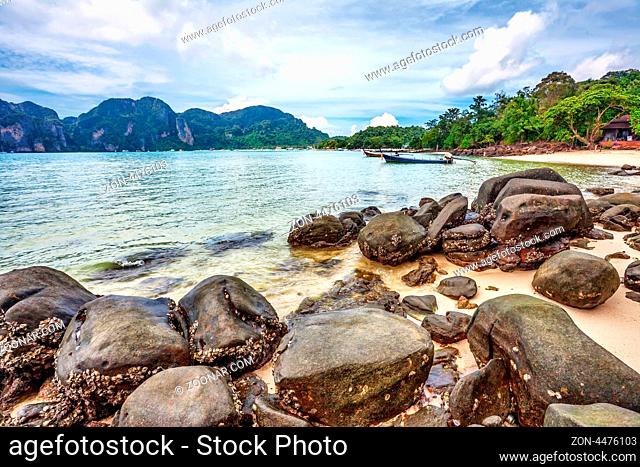Beautiful tropical beach with sea view, clean water blue sky. Nature background