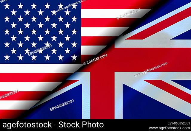Flags of the USA and UK Divided Diagonally. 3D rendering