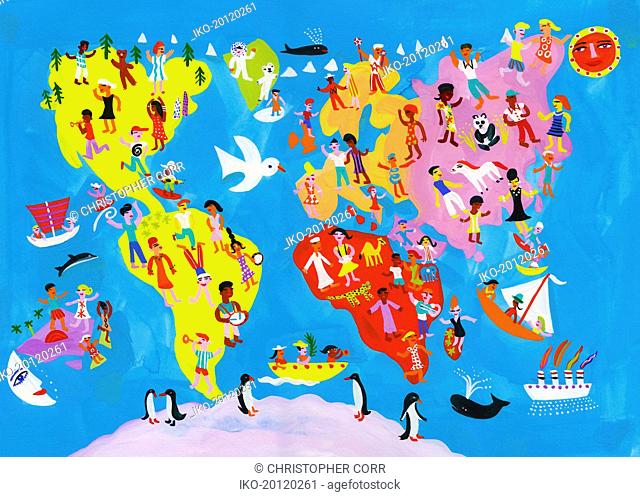 Illustrated world map of people enjoying having fun