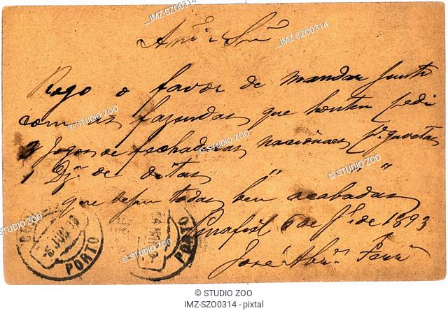 Vintage postcard with script writing, Portuguese