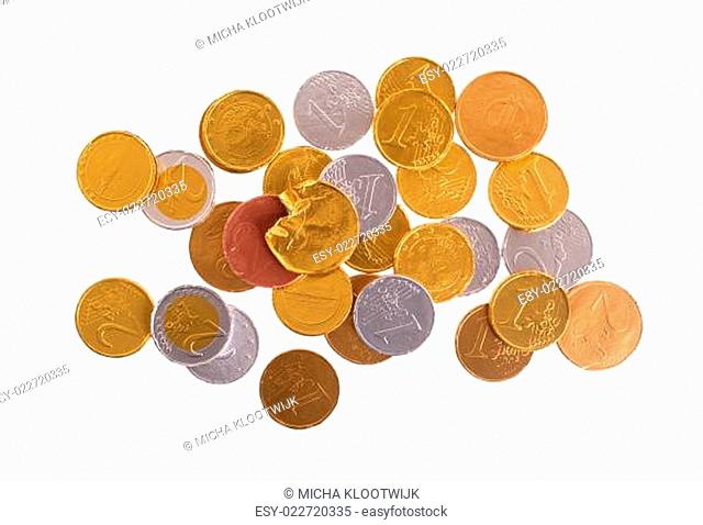 Euro currency, chocolate coins isolated on white