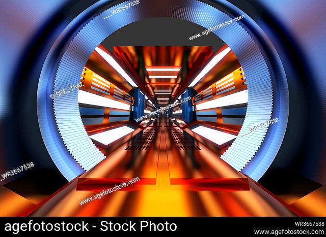 Three dimensional render of brightly illuminated space ship corridor