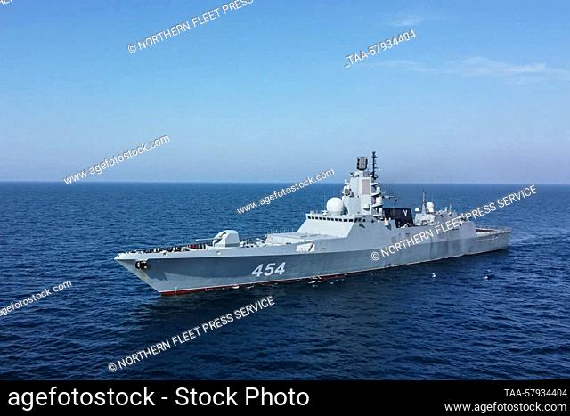 MARCH 18, 2023: Seen in this video screen grab is the Russian Navy frigate Admiral Gorshkov during a joint naval drill in the Gulf of Oman