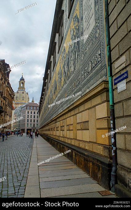 DRESDEN, GERMANY - JULY 13, 2015: the city center with historic buildings and the Fuerstenzug Procession of Princes , a giant mural