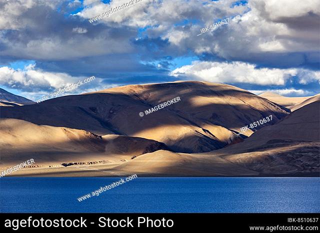 Himalayan mountain lake in Himalayas Tso Moriri on sunset, Korzok, Ladakh, India, Asia