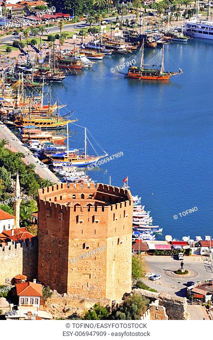 View of Alanya harbor form Alanya peninsula. Turkish Riviera