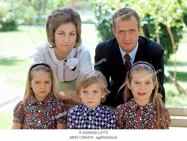 The family of the future king of Spain Juan Carlos. Portrait of the family of the future King of Spain in the park of the villa La Zarzuela: Prince Juan Carlos...