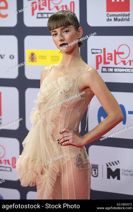 Mariana di Girolamo attends to Red Carpet of Platino Awards 2021 photocall on October 3, 2021 in Madrid, Spain