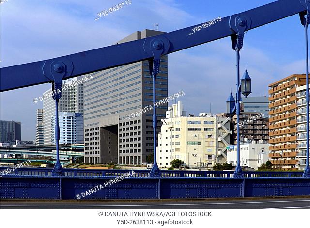 architecture, right bank of Sumida river seen from Kiyosu bridge - Kiyosubashi, Chou, Chou-ku, Tokyo, Japan