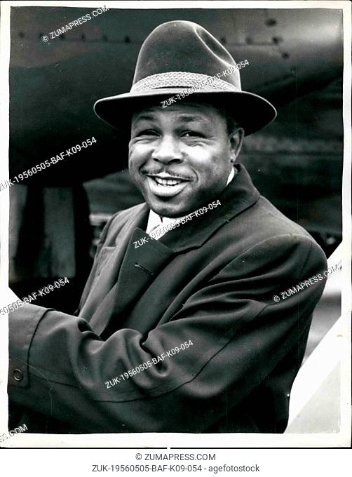 May 05, 1956 - Archie Moore arrives.: The world light-heavyweight champion, Archie Moore, who defends his title against Yolande Pompey, of Trinidad